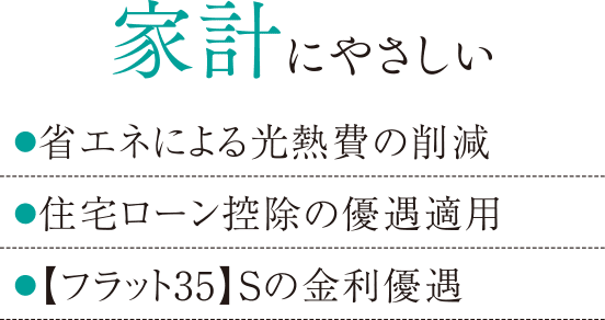 家計にやさしい：●省エネによる光熱費の削減／●住宅ローン控除の優遇適用／●【フラット35】Sの金利優遇