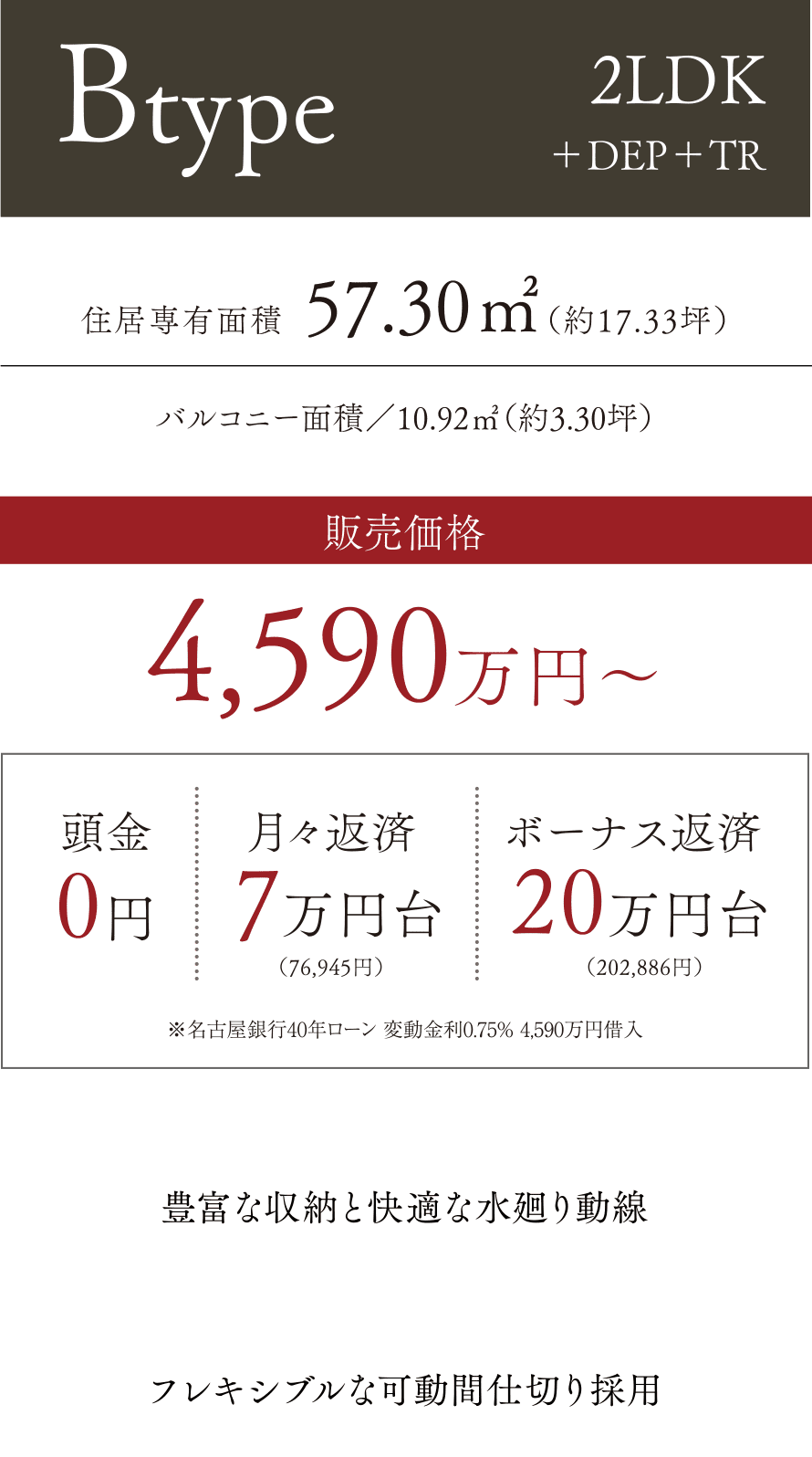 Btype 2LDK+DEP+TR 57.30㎡ 販売価格／4590万円〜