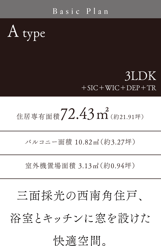 Atype 3LDK＋SIC＋WIC＋DEP＋TR 三面採光の西南角住戸、浴室とキッチンに窓を設けた快適空間。住居専有面積72.43㎡（約21.91坪）