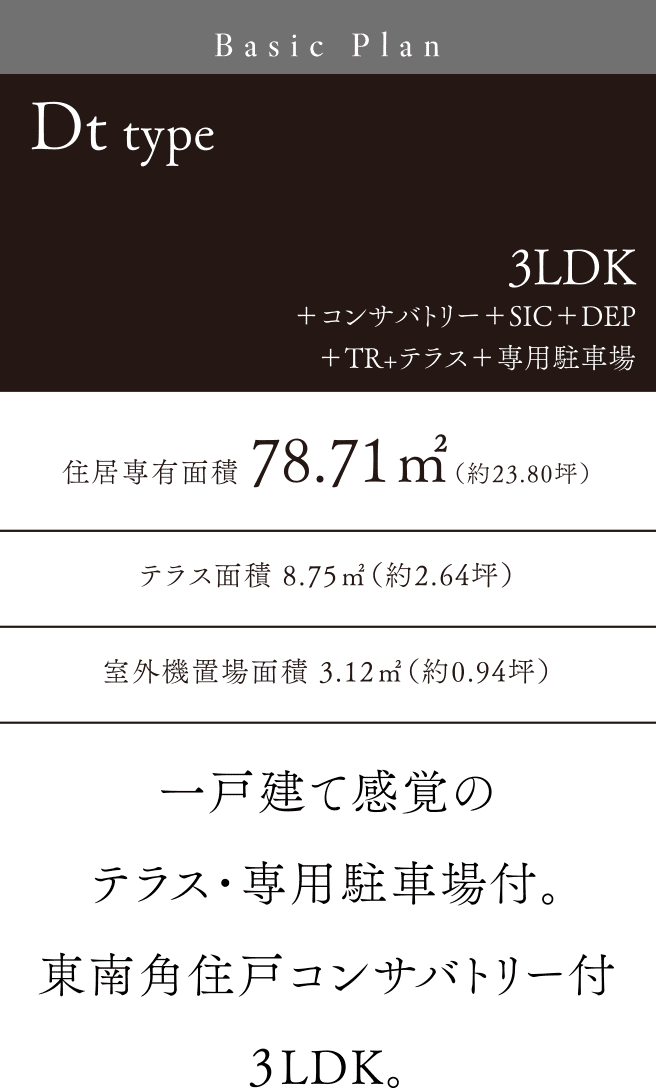 Dttype 3LDK＋コンサバトリー＋SIC＋DEP＋TR+テラス＋専用駐車場 住居専有面積78.71㎡（約23.80坪） 一戸建て感覚のテラス・専用駐車場付。東南角住戸コンサバトリー付3LDK