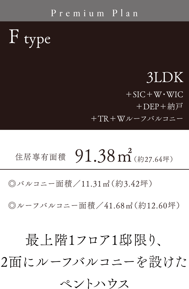 Ftype3LDK＋SIC＋W・WIC＋DEP＋納戸＋TR＋Wルーフバルコニー最上階1フロア1邸限り、2面にルーフバルコニーを設けたペントハウス住居専有面積91.38㎡（約27.64坪）