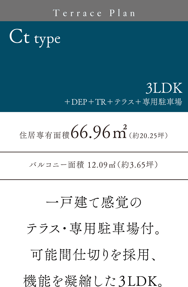 Cttype 2LDK＋DEP＋TR 豊富な収納と快適な水廻り動線、フレキシブルな可動間仕切り採用。住居専有面積57.30㎡（約17.33坪）